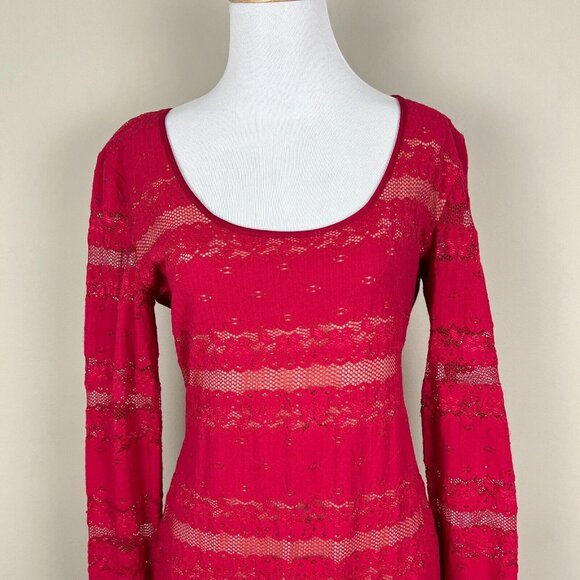 Bcbg Max Azria Dress Medium Lace Illusion Sheath Tanya Sangria Red Bodycon LS - Picture 4 of 12